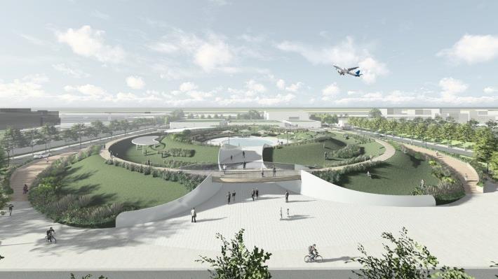 濱江水資中心上部空間打造為賞機景觀公園(側面示意)