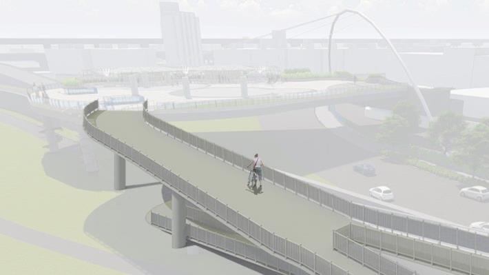 增設跨堤景觀平臺與大地重現陸橋間自行車牽引道模擬圖