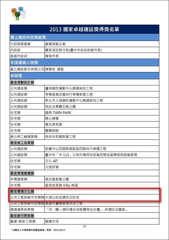 大溝溪生態治水園區獲「國家卓越建設獎」卓越獎