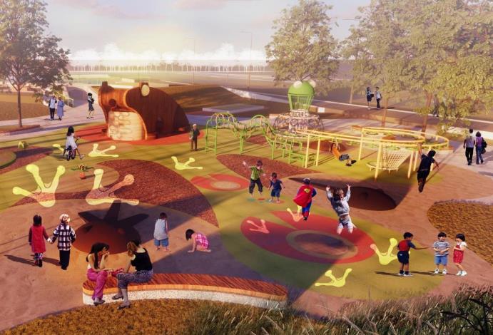 To match the existing large sloping turf, the Guanshan Riverside Park Children's Playground is planned into three zones, namely theme playground, eco-classroom and grassland landscape