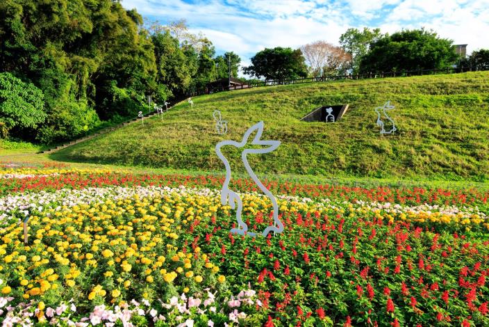Like flowing water, the sea of flowers extends across the green slope