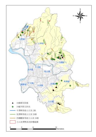 A chart on the location of 50 potential debris flow torrents in Taipei