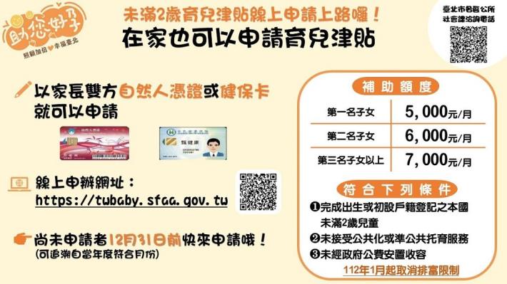 臺北市-未滿2歲育兒津貼線上申請宣傳說明