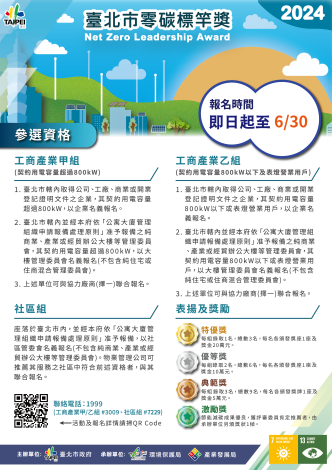 「2024臺北市零碳標竿獎」即日起至6月30日開放報名