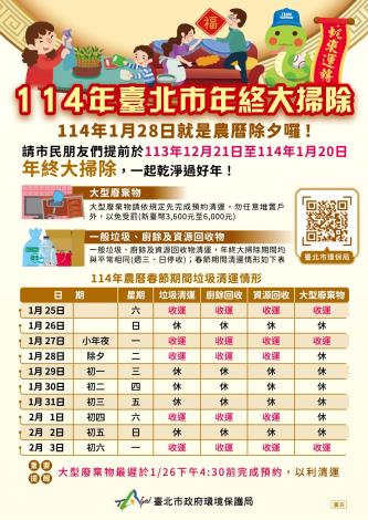 114年農曆春節期間垃圾清運資訊