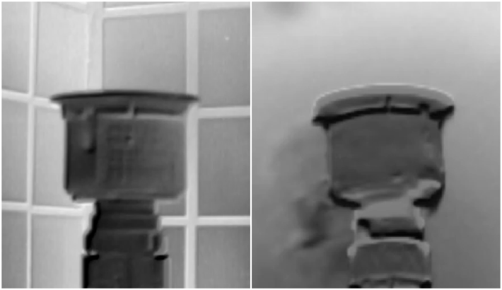 以紅外線氣體顯像測漏儀檢測，左圖顯示真空壓力閥正常無洩漏，右圖顯示異常有洩漏