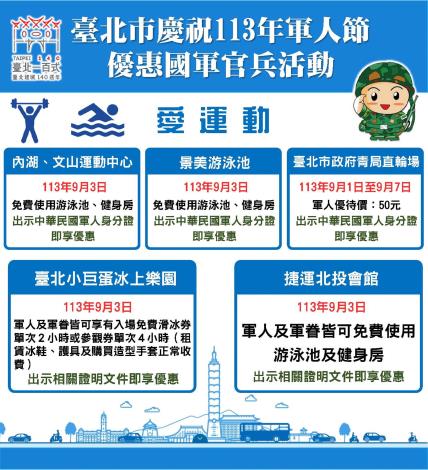 1.臺北市113年軍人節愛運動優惠國軍官兵活動