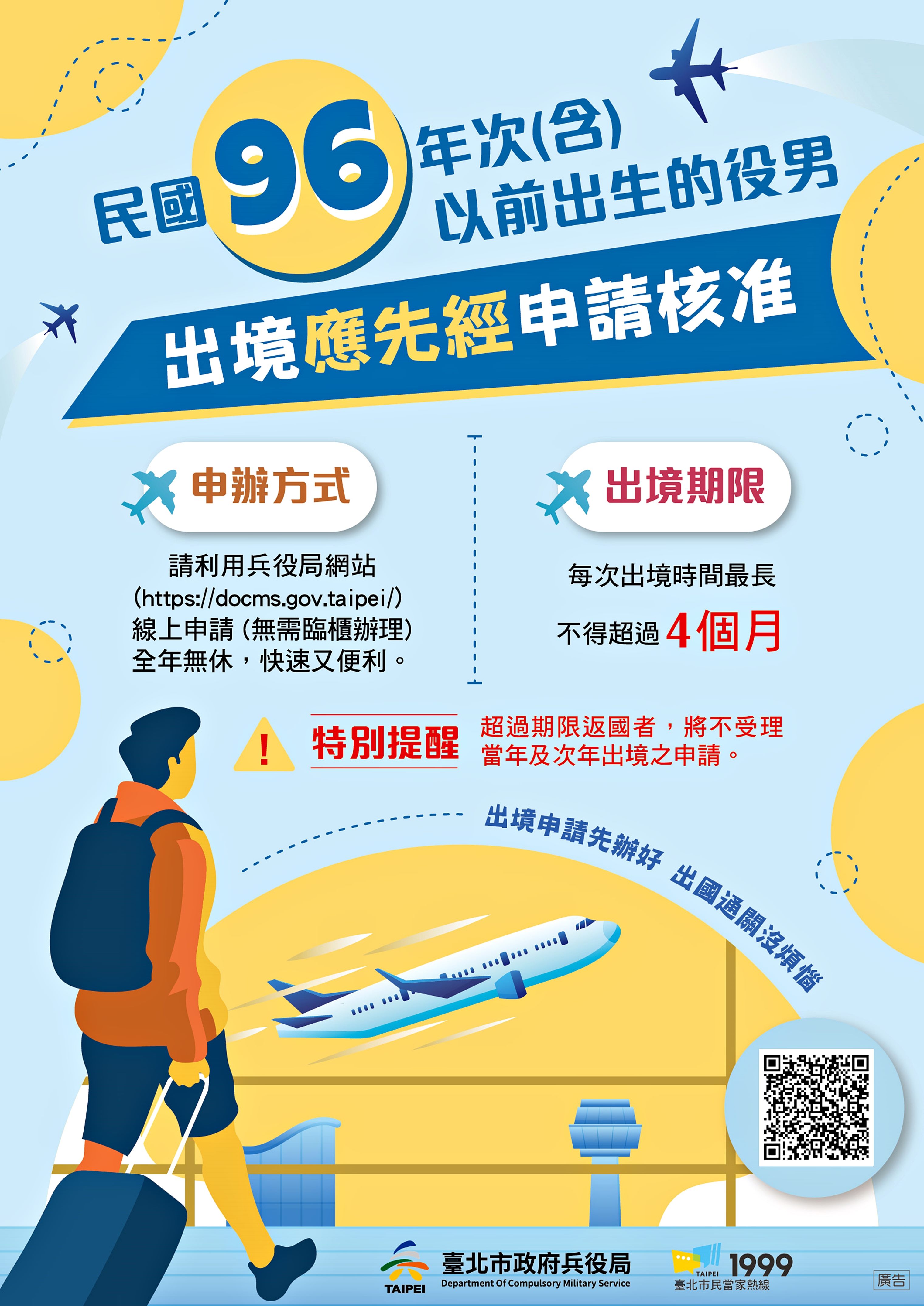 役男出境最長不可超過4個月。(圖/台北市政府兵役局)