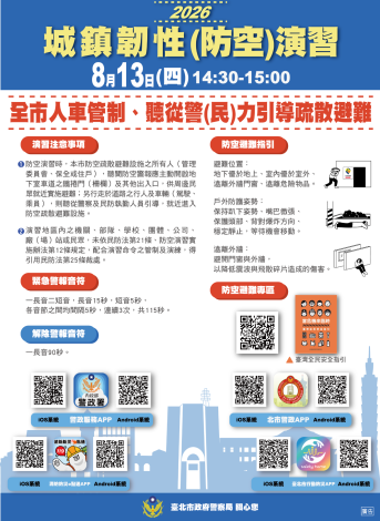 臺北市2026城鎮韌性（防空）演習訂於8月13日 （四）14時30分至15時實施。