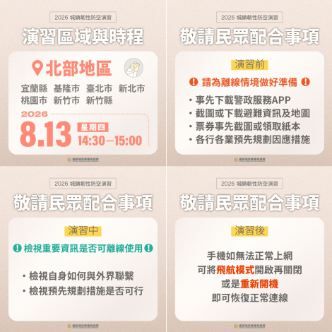 8月13日14：30至15：00防空演習行網降速演練，請預為因應，詳洽NCC官網。