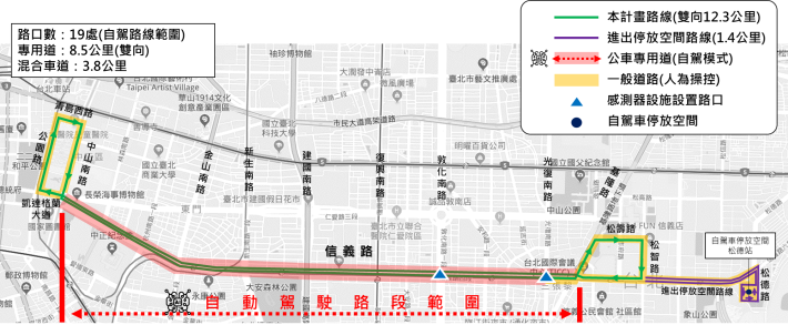 圖1：臺北市信義路公車專用道自駕巴士創新實驗計畫夜間測試路線