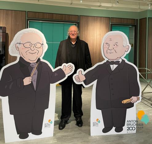 Inbal with his chibi-style cardboard cutout and Bruckner's 