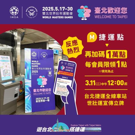 「世壯運看廣告拿點數」反應熱烈，臺北捷運加碼第二波活動，亦迅速兌罄