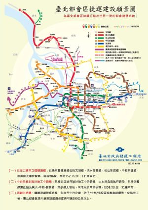 捷運建設願景圖-中文版 說明完工路線、已核定施工中路線及規劃中路網 (資料來源：臺北市政府捷運工程局)