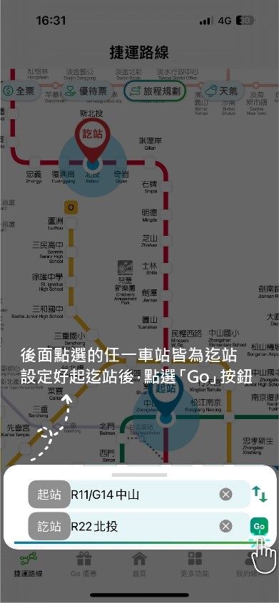 後面點選的任一車站皆為迄站設定好起訖站後，點選「Go」按鈕