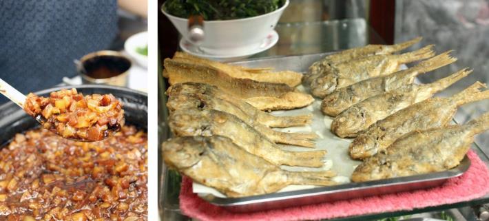 滷汁(左)、櫥櫃內還有每天現做的鮮魚當配菜(右)