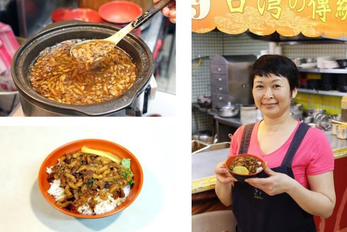 就是這鍋滷肉，滋味令許多老饕讚不絕口(左上)。這碗滷肉飯傳統道地香氣撲鼻，以帶皮松阪豬肉經過多道繁複工序滷製而成(左下、右)