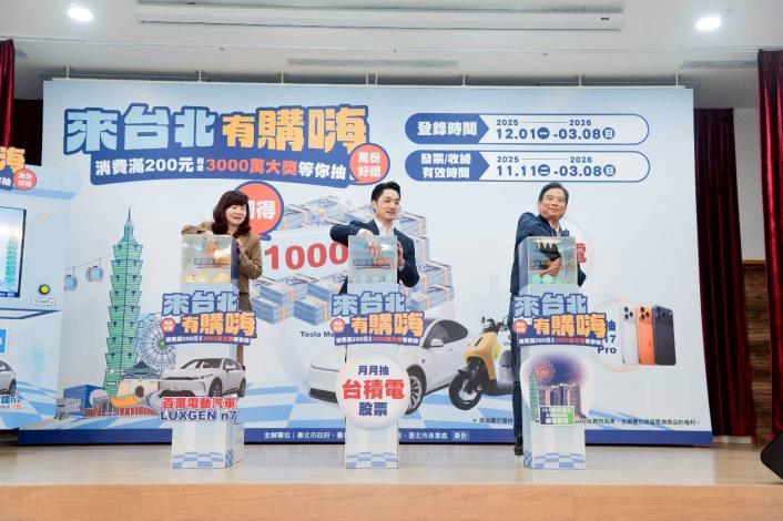 蔣萬安市長(中)、臺灣商圈文化觀光產業聯合總會 周水美總會長(左)及臺北市商業會 柏幼林秘書長(右)合力抽出「來台北有購嗨」月月抽亂數種子，首抽幸運得主即將揭曉