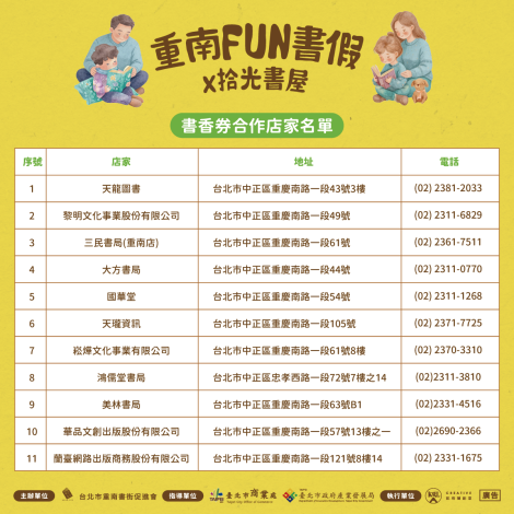 「重南FUN書假×拾光書屋」-「重南書香券」合作店家名單1