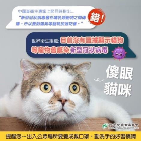 圖3-行政院農業委員會以宣傳圖片說明目前沒有證據顯示犬貓會感染新型冠狀病毒