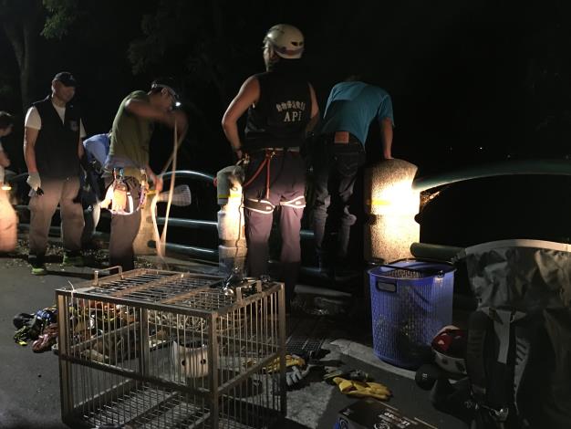 圖1. 動物救援隊穿戴裝備，準備垂降救援。