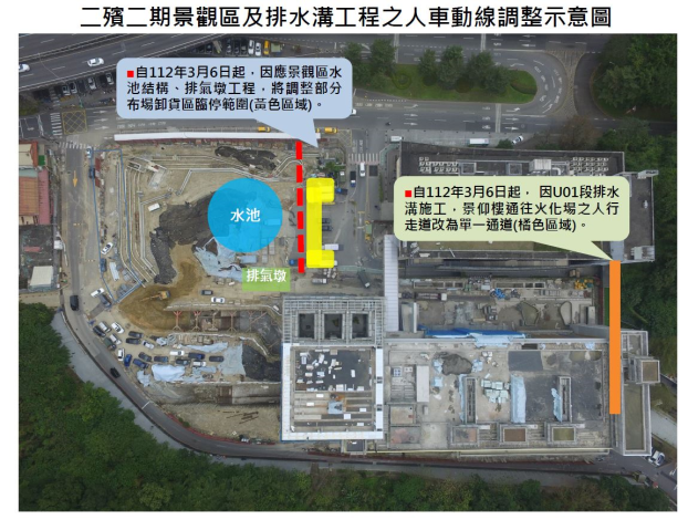 二期景觀區及排水溝工程之人車動線調整示意圖