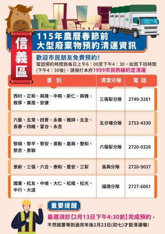 115年農曆春節前大型廢棄物預約清運資訊(信義區)