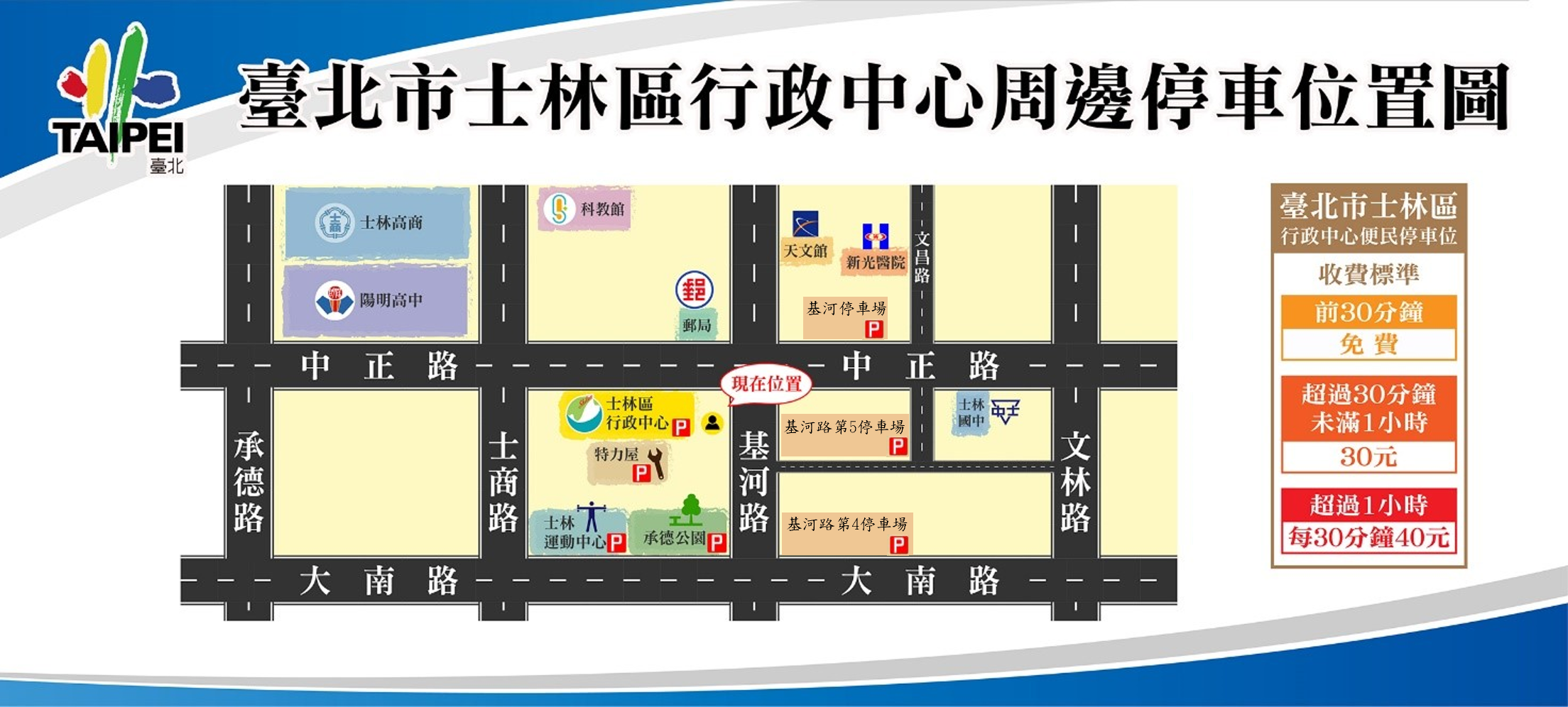 臺北市士林區行政中心周邊停車位置圖