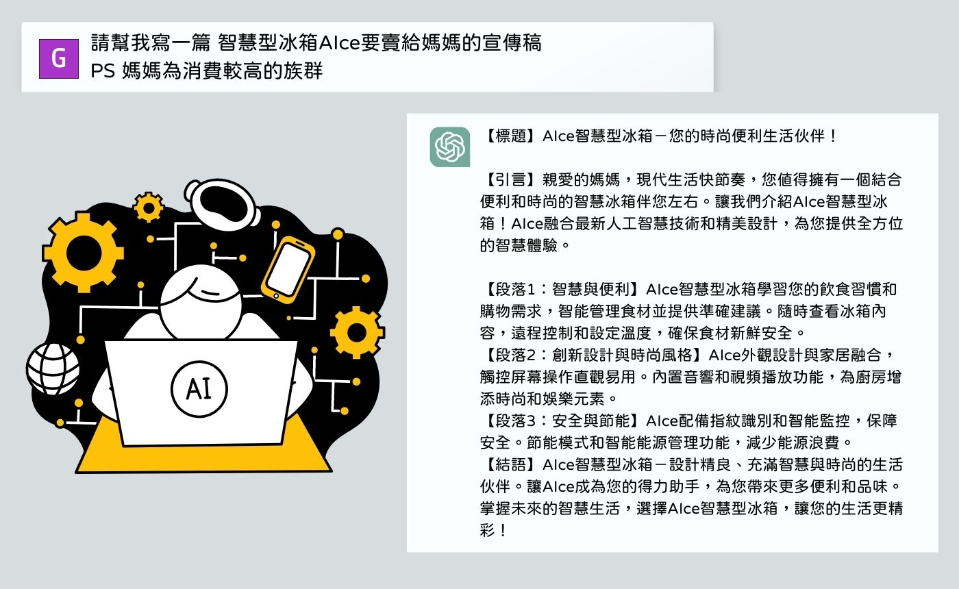 我問：請幫我寫一篇智慧型冰箱AIce要賣給媽媽的宣傳稿（PS 媽媽為消費較高的族群）