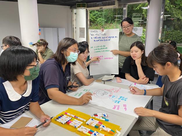 工作坊成員除了保育員之外，還有解說教育人員，環境豐富物協作專業人員，讓各組成員能發揮每個人的專長來共同完成分組指定的物種的環豐資材(拍攝於壽山動物園)