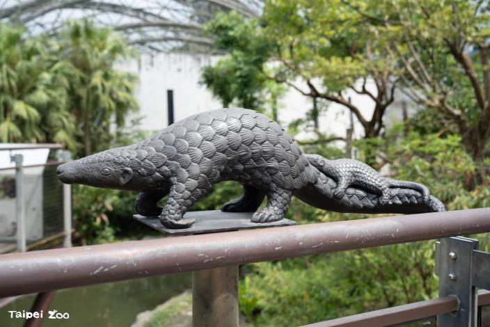 熱帶雨林館前的步道有穿山甲媽媽育幼的雕塑裝置。