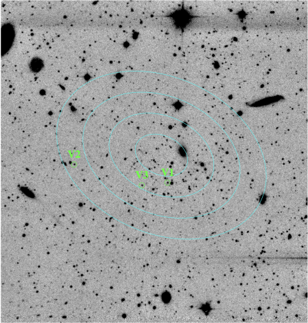 鹿林天文台發現三顆位於室女座III（藍色圈）的天琴RR型變星（綠色圈）的影像。