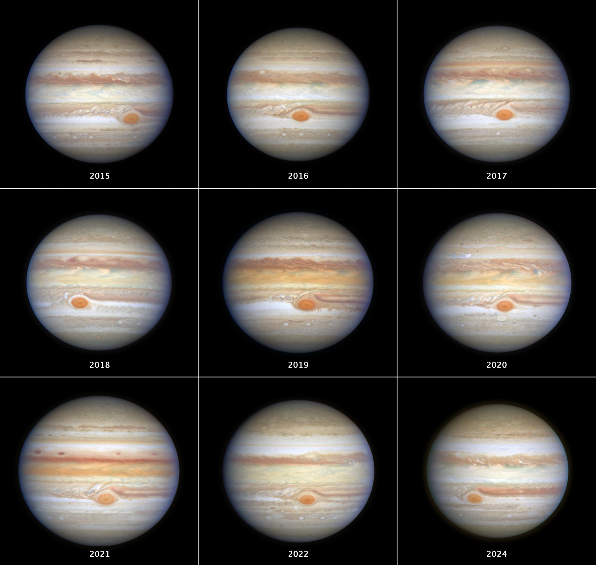 哈伯太空望遠鏡「外行星大氣層長期觀測計畫」拍攝的木星影像。