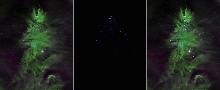 聖誕樹星團（NGC 2264）可見光（左）、X光（中）與組合照片（右）。