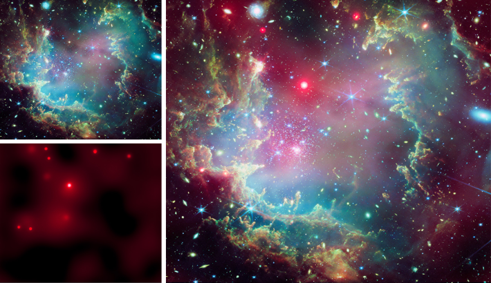 NGC 602紅外線（左上）、X光（左下）與組合照片（右）。