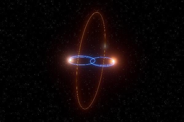 棕矮星系統的藝術繪圖，兩星相距120天文單位，行星繞著雙星系統以垂直角度旋轉。Credit: L. Calçada/ESO