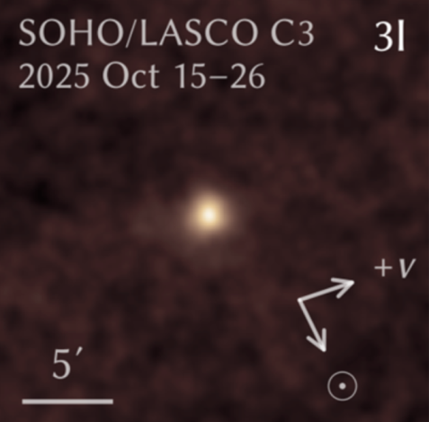 ESA/NASA的SOHO在2025年10月15日至26日期間所捕捉到的3I/ATLAS。彗星在影像中央僅呈現為一個微弱的亮斑。Credit: Lowell Observatory/Qicheng Zhang