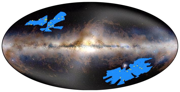 歐幾里得太空望遠鏡新發現的其中31個類星體在全天空中的分布位置