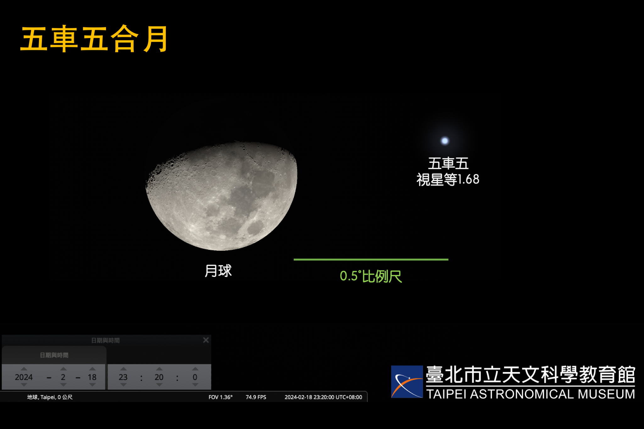 臺灣時間2024年2月18日晚間23時20分左右,將發生「五車五合月」。
