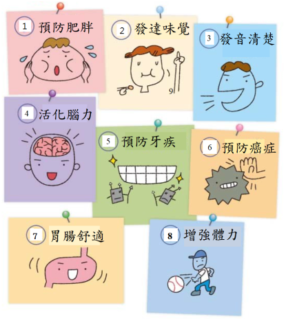 適度的咀嚼具多種功效(圖片來源為月刊『学校の食事』2016年5月号ひみこのはがいーぜ)
