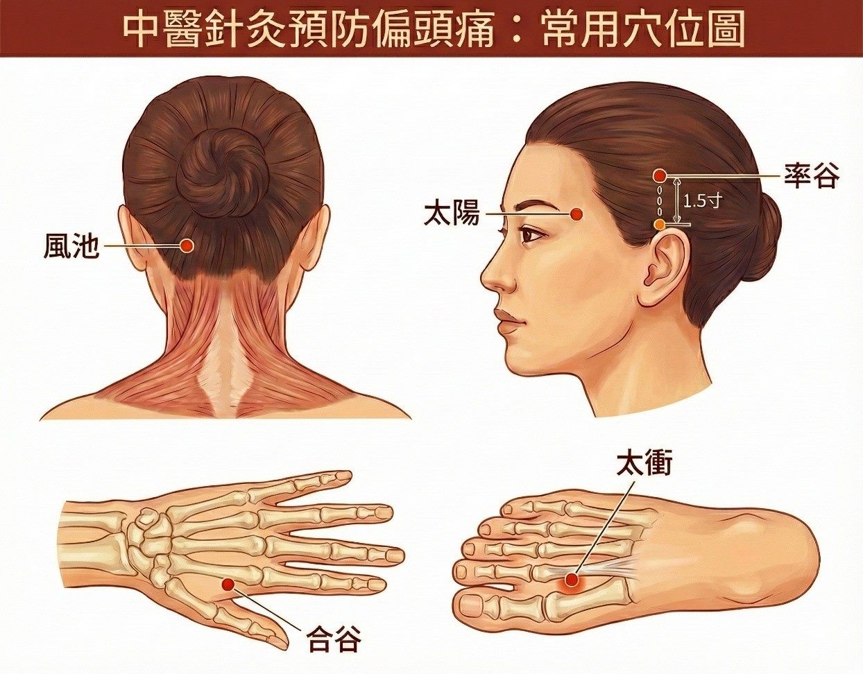 中醫針灸預防頭痛常用穴位圖(圖片由周文程醫師提供)