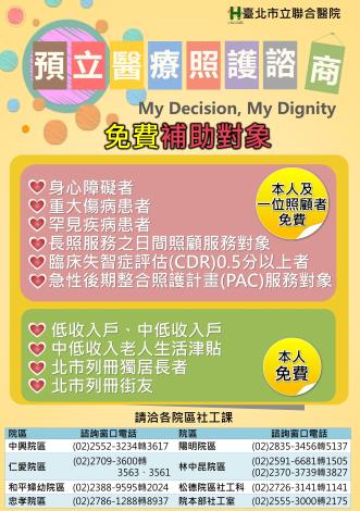 預立醫療諮商免費補助對象海報