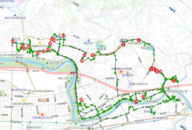 臺北市環保局追蹤GPS車輛軌跡(示意圖-非違規車輛軌跡)