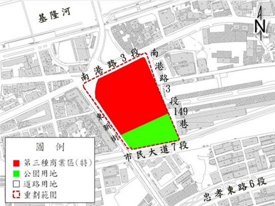 南港區玉成自辦市地重劃範圍及土地使用分區示意圖