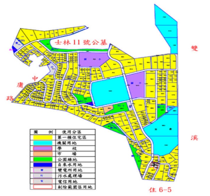 士林區住六之六自辦市地重劃範圍及土地使用分區示意圖