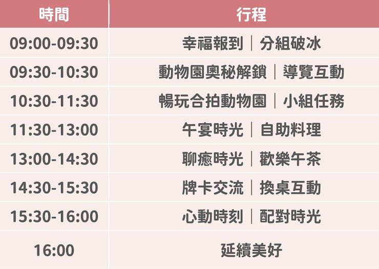 心動文山神ZOO攻行程表_0900-0930分組破冰_0930-1030導覽互動_1030-1130小組任務_1130-1300自助料理_1300-1430歡樂午茶_1430-1530換桌互動_1530-1600配對時光_1600延續美好