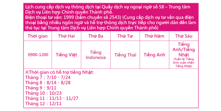 Lịch cung cấp dịch vụ thông dịch