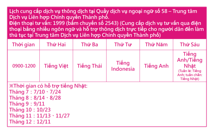 Lịch cung cấp dịch vụ thông dịch