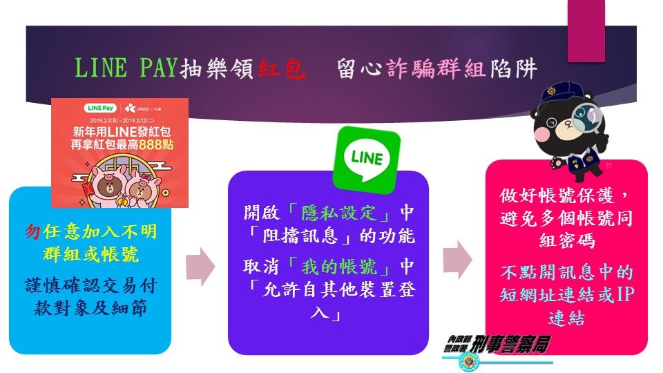 臺北市政府警察局信義分局 詐騙預防 新春line Pay樂領紅包小心掉入詐騙群組陷阱