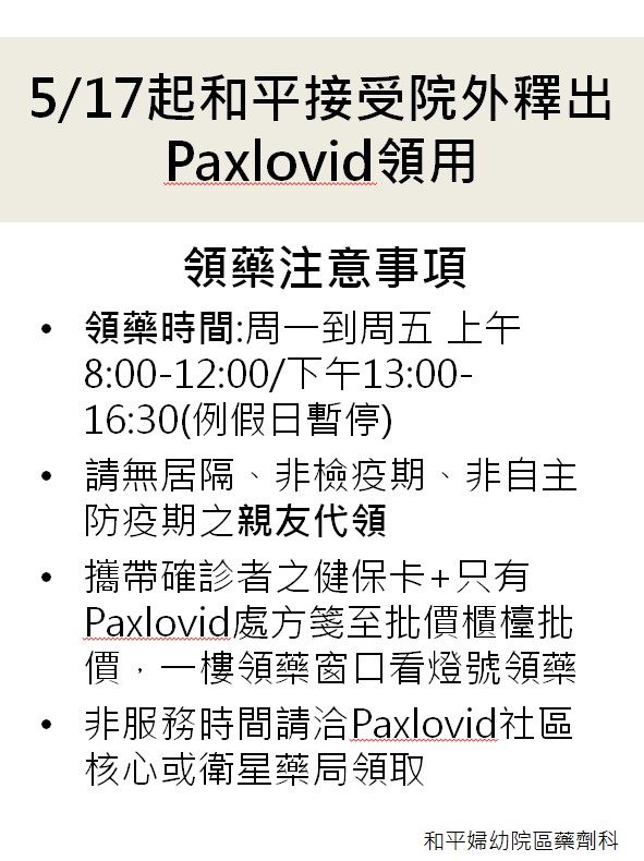 和平接受院外釋出Paxlovid領用